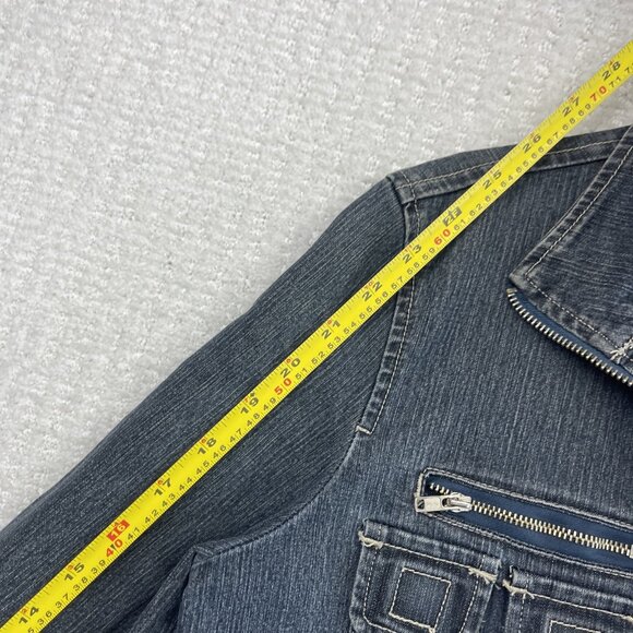 Y2K 725 Originals Dark Blue Denim Moto Cafe Racer Jacket Military Wom Sz S 2000s - Picture 9 of 13
